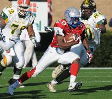 The 73rd Annual Shrine Bowl of the Carolinas was played at Gibbs Stadium on the Wofford College campus, Saturday, Dec. 19, 2009. Here South Carolina's (20) Marcus Lattimore goes for yardage in the 2nd half.  (AP Photo/Spartanburg Herald Journal,Gerry Pate)